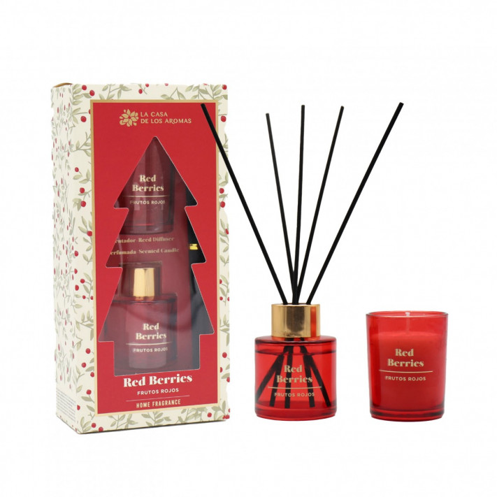 LA CASA DE LOS AROMAS X-MAS Zestaw świąteczny CZERWONE JAGODY patyczki zapachowe 50 ml + świeca 50 g
